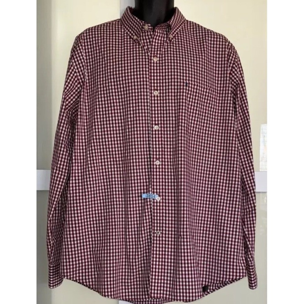 IZOD Men's XL Burgundy Check Button Up Shirt Long Sleeve Cotton Blend